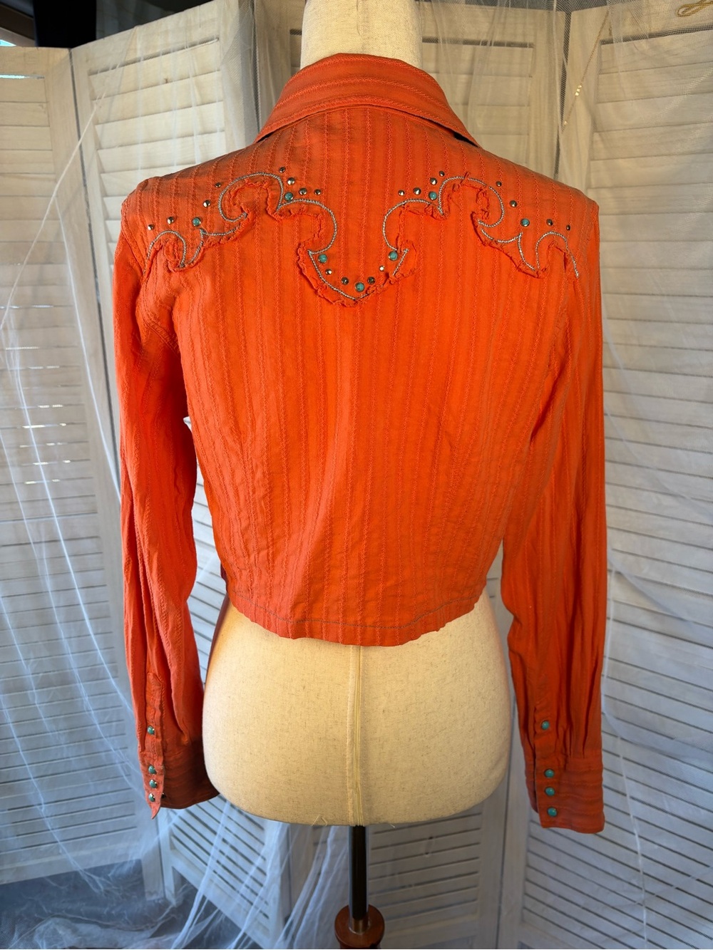 Cruel Girl Orange Button-Down Crop Shirt with Turquoise Accents - Picture 2 of 3